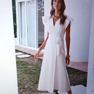 Amalie White Wrap V Neck Ruffle Sleeve Midi Dress Belted Fit & Flare Elegant 6